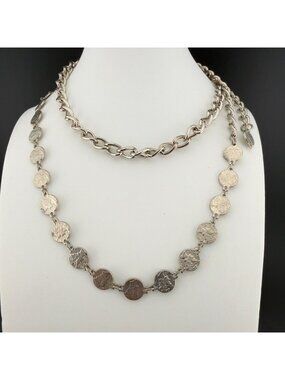 Silver Tone Long Coin Chain Necklace Medallion Disc Chunky Links 36"